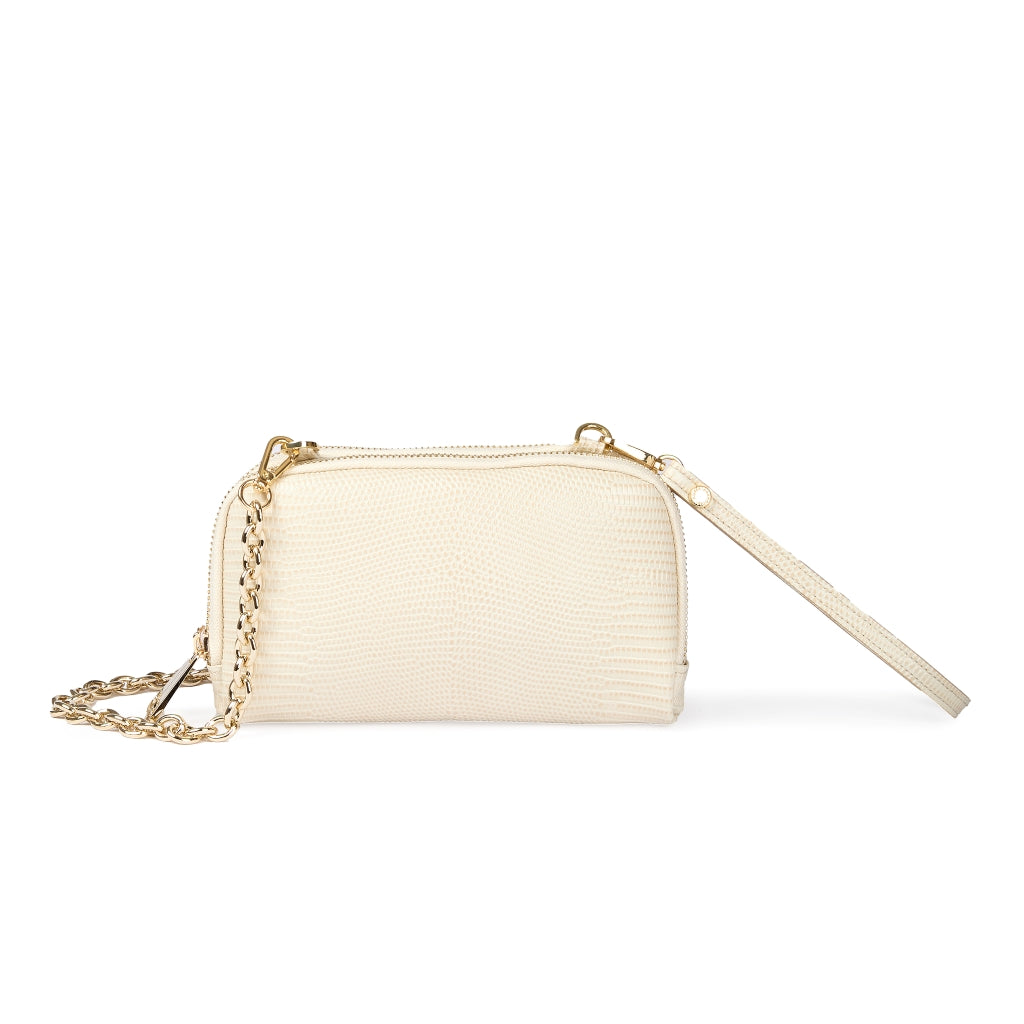 Tejus purse in vitello stampa lucertolino glossy con  tracolla di catena e manicotto in pelle