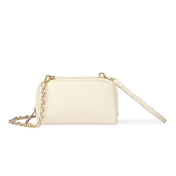 Tejus purse in vitello stampa lucertolino glossy con  tracolla di catena e manicotto in pelle