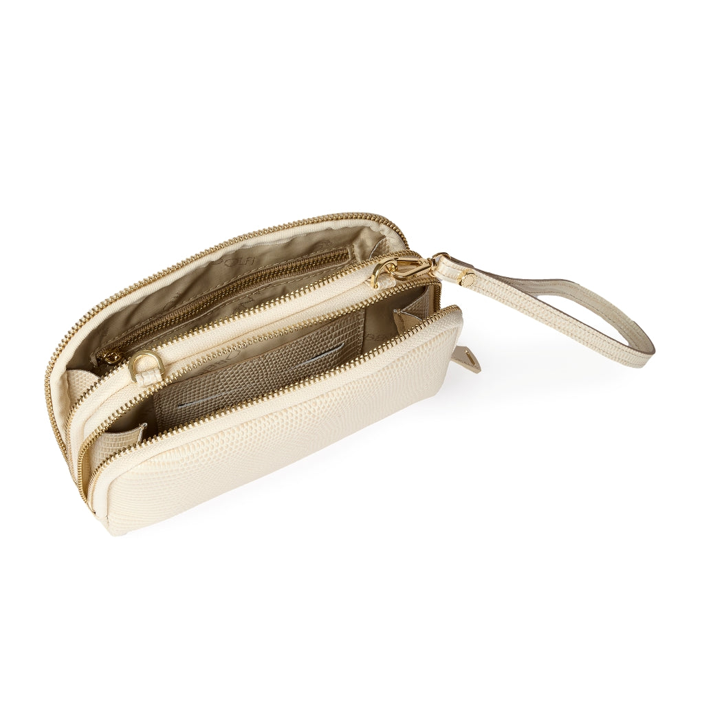 Tejus purse in vitello stampa lucertolino glossy con  tracolla di catena e manicotto in pelle