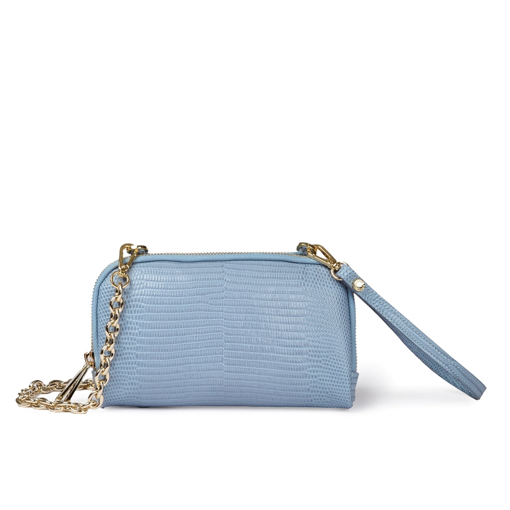 Tejus purse in vitello stampa lucertolino glossy con  tracolla di catena e manicotto in pelle