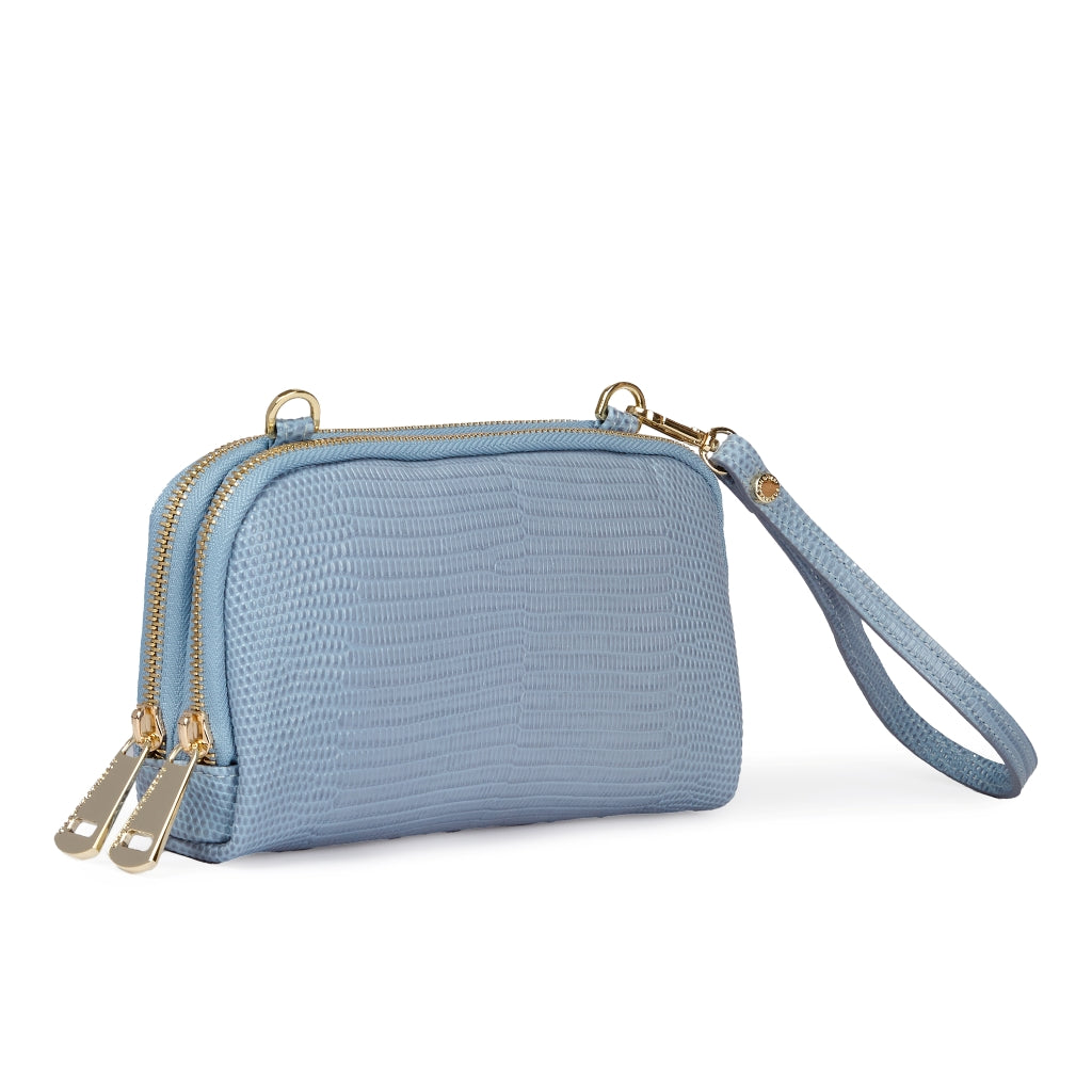 Tejus purse in vitello stampa lucertolino glossy con  tracolla di catena e manicotto in pelle