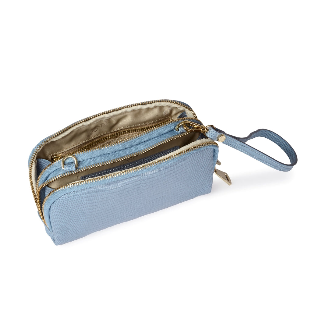 Tejus purse in vitello stampa lucertolino glossy con  tracolla di catena e manicotto in pelle