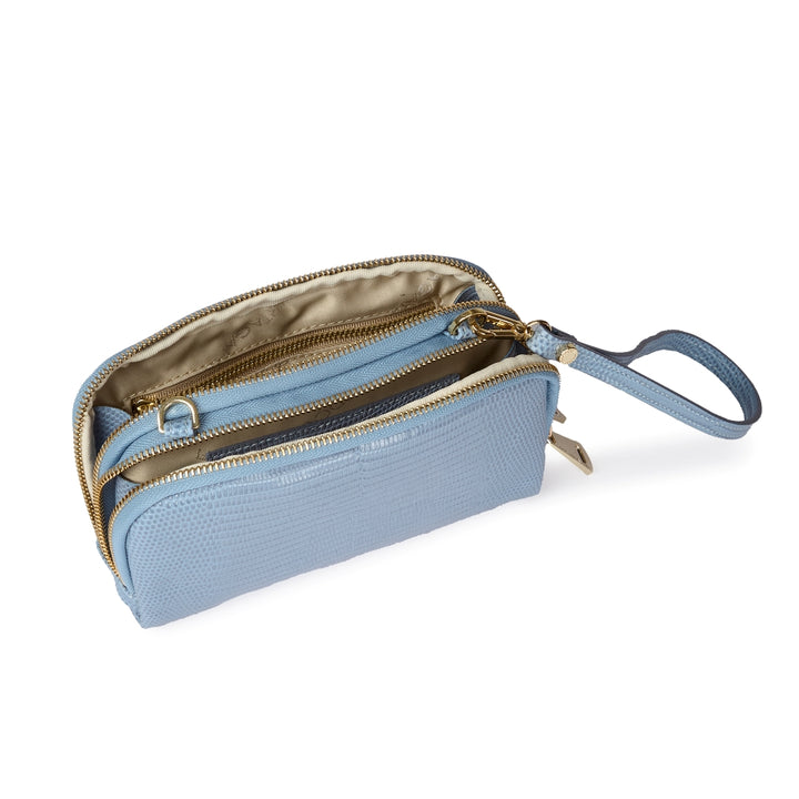 Tejus purse in vitello stampa lucertolino glossy con  tracolla di catena e manicotto in pelle