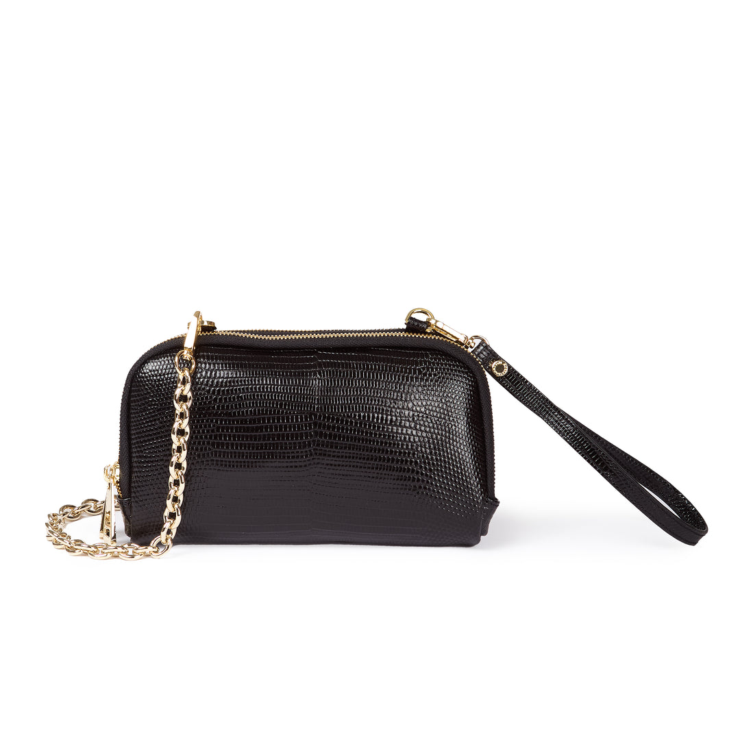 Tejus purse in vitello stampa lucertolino glossy con  tracolla di catena e manicotto in pelle