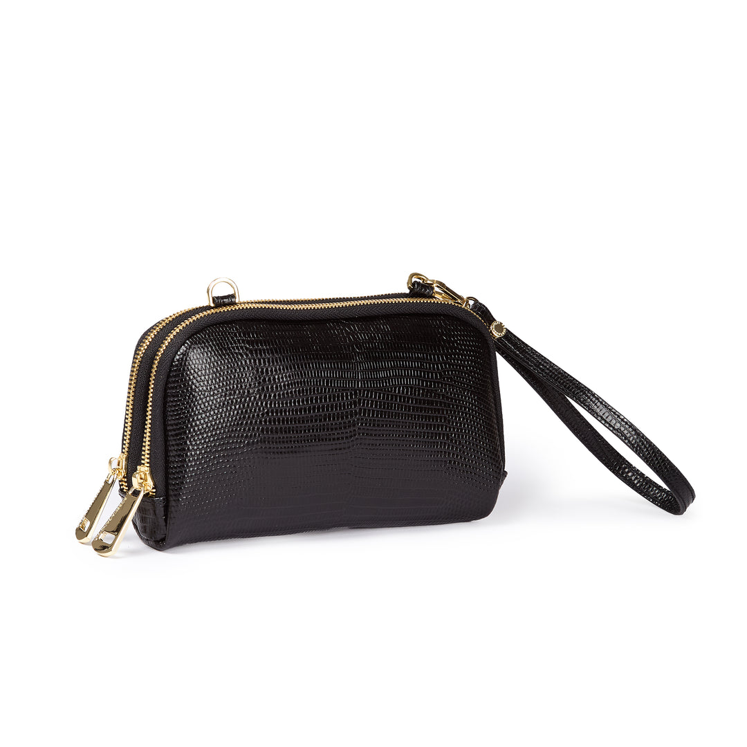 Tejus purse in vitello stampa lucertolino glossy con  tracolla di catena e manicotto in pelle