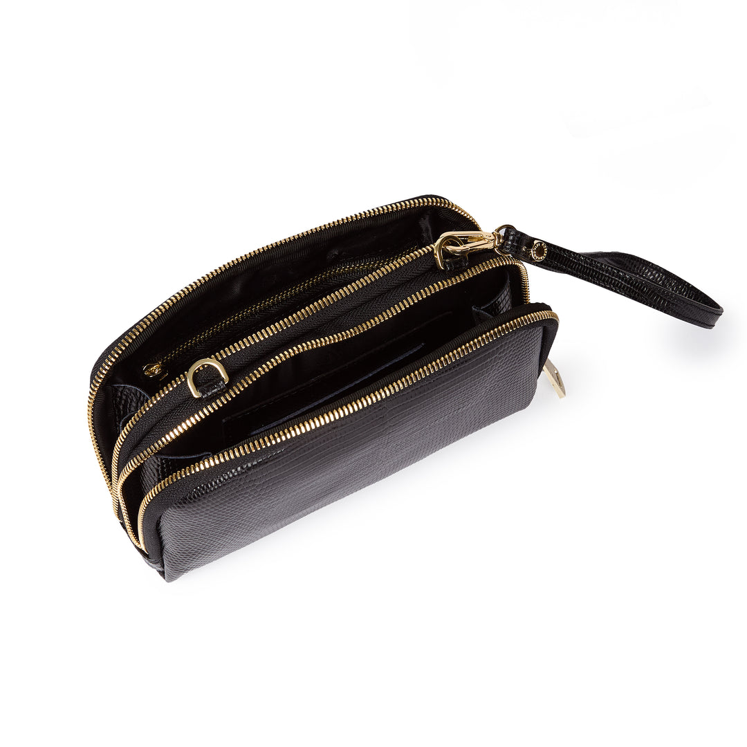 Tejus purse in vitello stampa lucertolino glossy con  tracolla di catena e manicotto in pelle