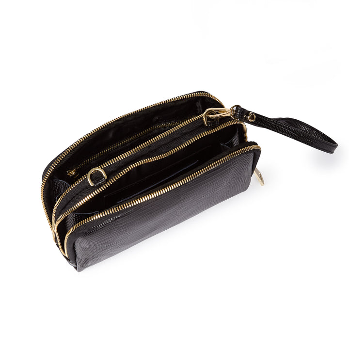 Tejus purse in vitello stampa lucertolino glossy con  tracolla di catena e manicotto in pelle