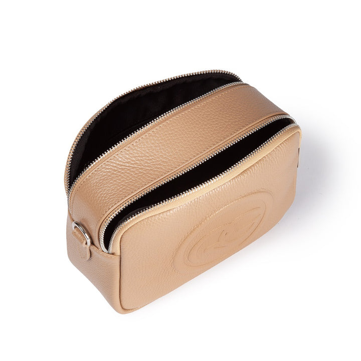 Roberta Pelle camera and leather crossbody with double compartment and detachable shoulder strap