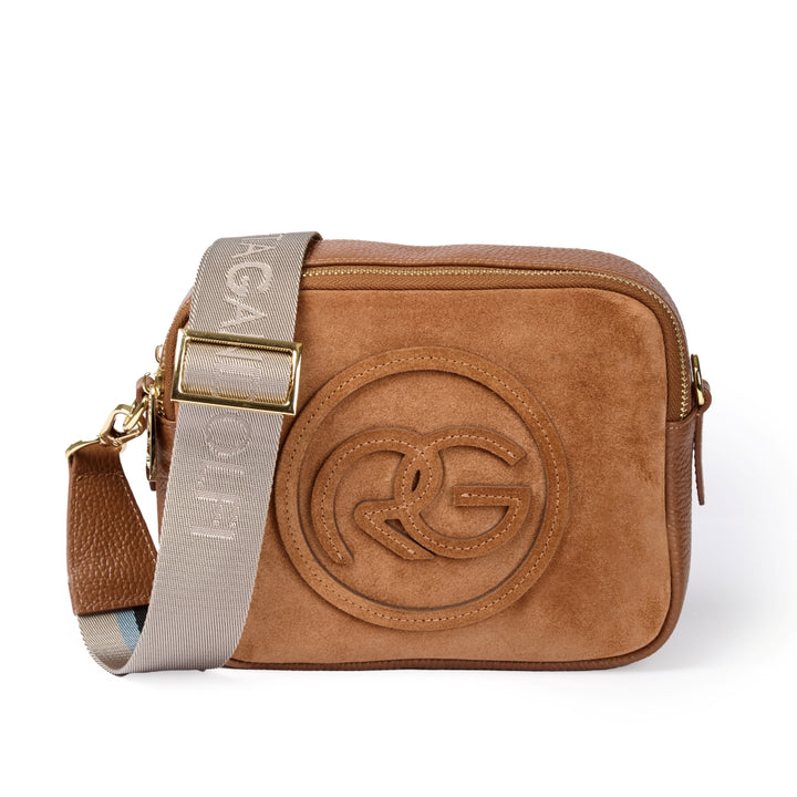 Roberta Suede – Camera compatta in camoscio e pelle martellata con tracolla regolabile