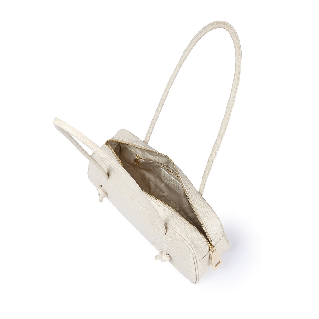Grace Tejus – Elongated bag in glossy lizard-print calfskin