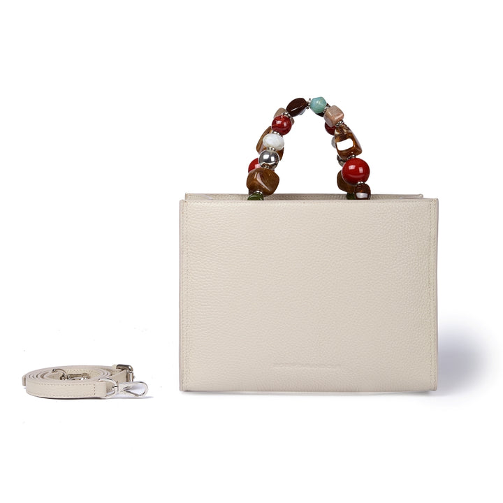 Vittoria Handbag – Grained Leather Top-Handle Bag with Jewel Handle and Adjustable Shoulder Strap