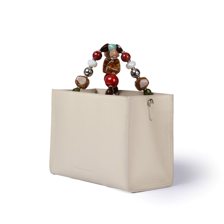 Vittoria Handbag – Grained Leather Top-Handle Bag with Jewel Handle and Adjustable Shoulder Strap