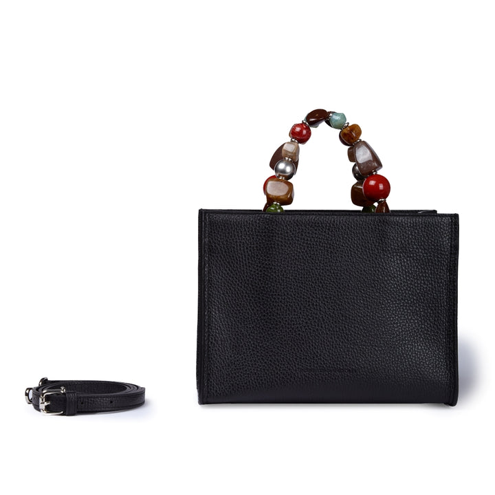 Vittoria Handbag – Grained Leather Top-Handle Bag with Jewel Handle and Adjustable Shoulder Strap