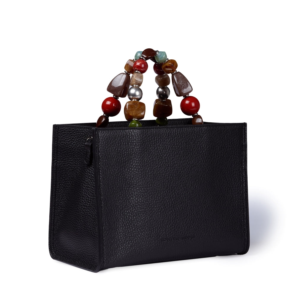 Vittoria Handbag – Grained Leather Top-Handle Bag with Jewel Handle and Adjustable Shoulder Strap