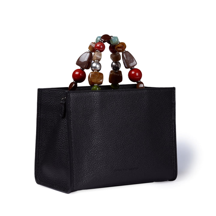 Vittoria Handbag – Grained Leather Top-Handle Bag with Jewel Handle and Adjustable Shoulder Strap