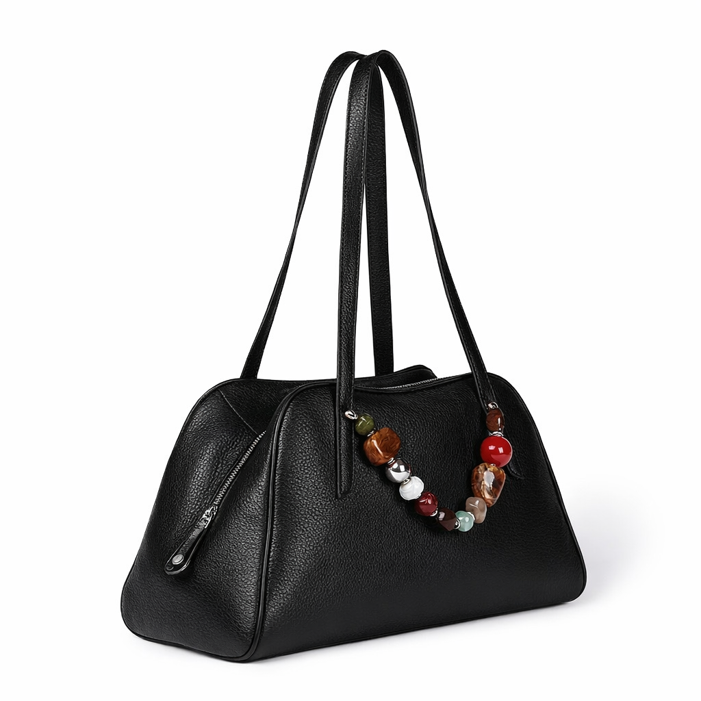 Alina Boule Bowling – Grained Calf Leather Bowling Bag with Jewel Handles