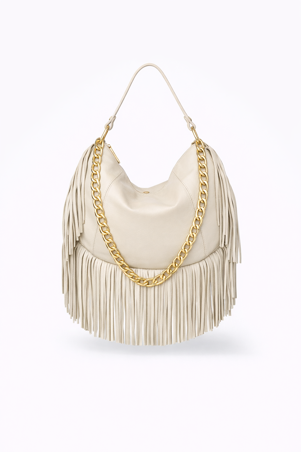 Kate – Leather Hobo Bag with Long Fringes and a Removable Gold Chain