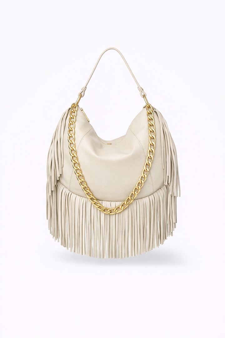 Kate – Leather Hobo Bag with Long Fringes and a Removable Gold Chain