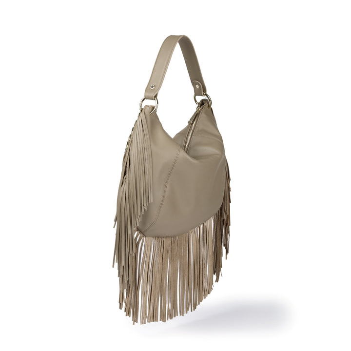 Kate – Leather Hobo Bag with Long Fringes and a Removable Gold Chain