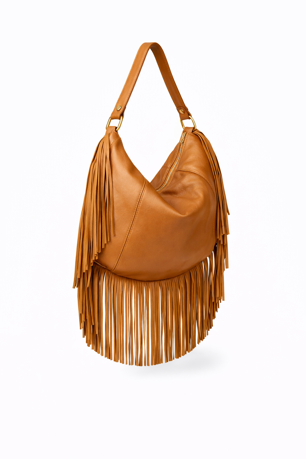 Kate – Leather Hobo Bag with Long Fringes and a Removable Gold Chain