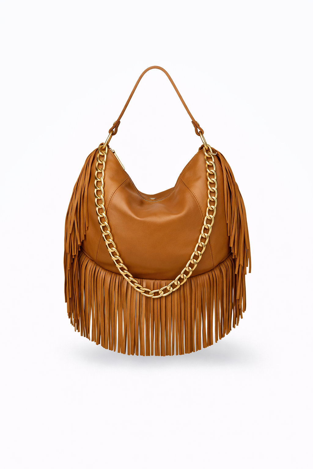 Kate – Leather Hobo Bag with Long Fringes and a Removable Gold Chain