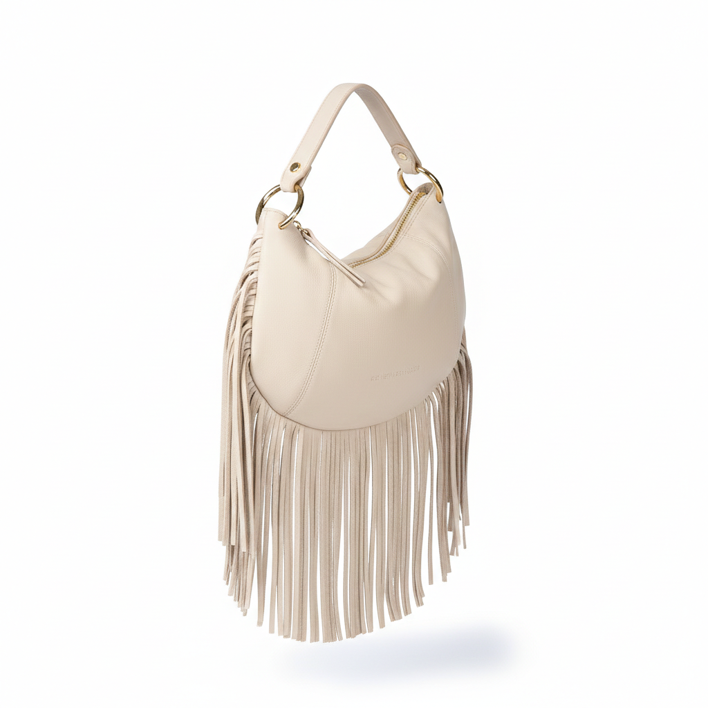 Kate Small – Leather hobo bag with long fringes and a removable gold chain