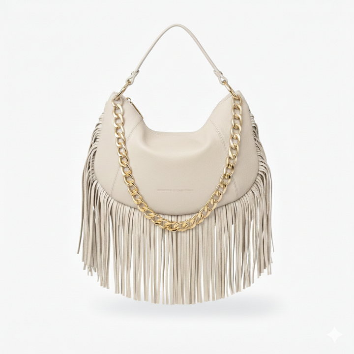 Kate Small – Leather hobo bag with long fringes and a removable gold chain