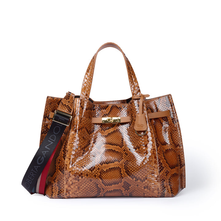 Sveva Maxi in genuine python leather with logo jacquard shoulder strap and black leather details