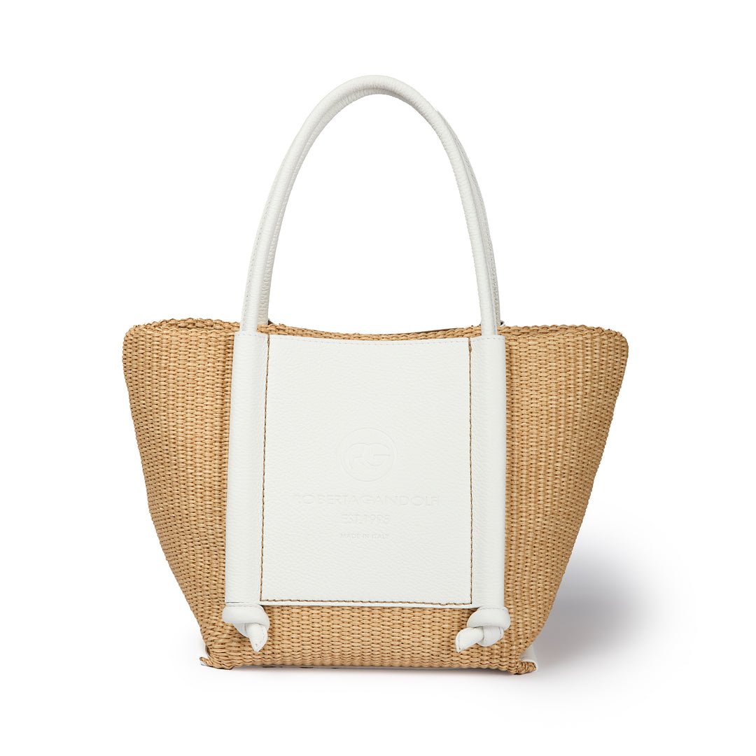 Sabrina Handbag – Raffia-Effect Fabric and Leather Bag with Adjustable Handles