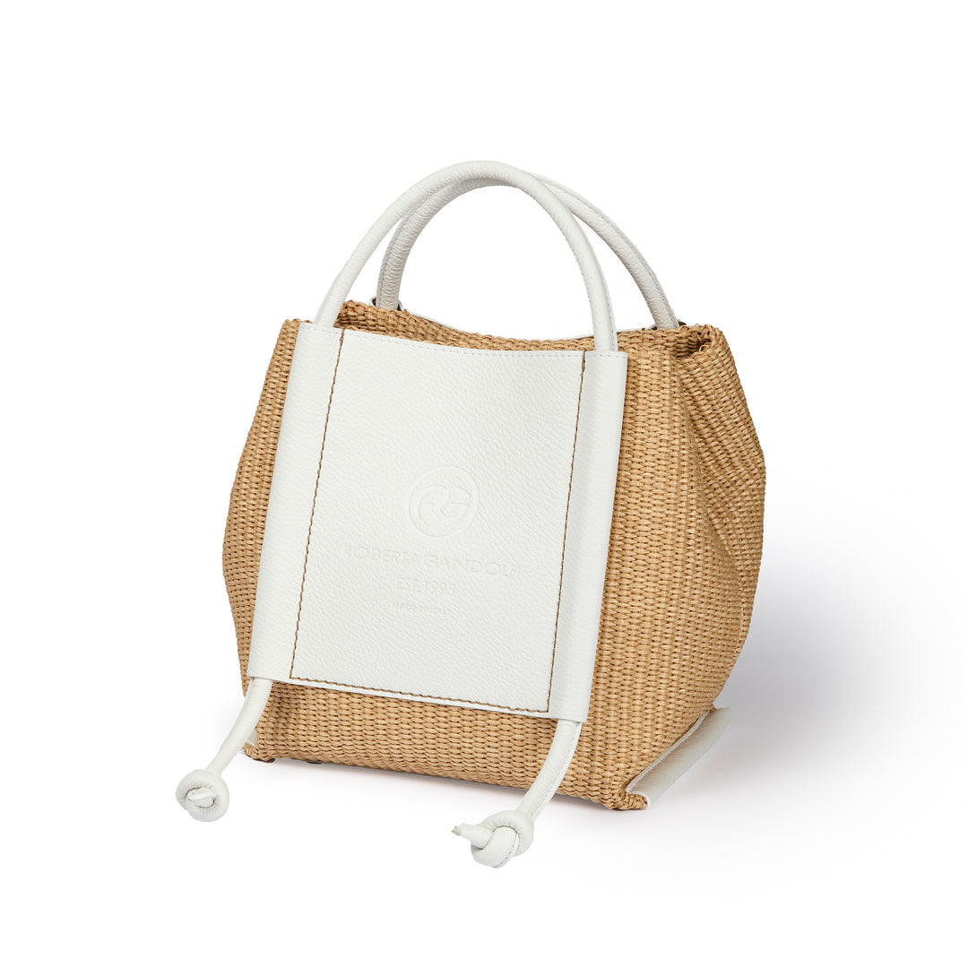 Sabrina Handbag – Raffia-Effect Fabric and Leather Bag with Adjustable Handles