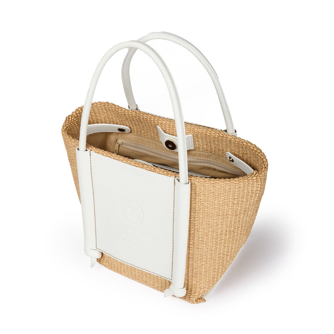 Sabrina Handbag – Raffia-Effect Fabric and Leather Bag with Adjustable Handles