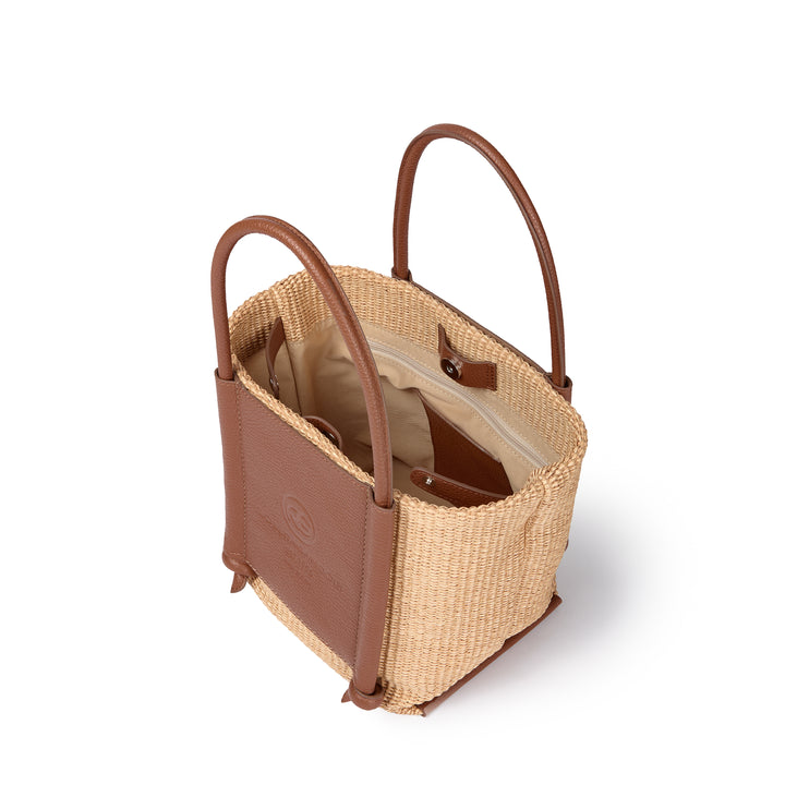 Sabrina Handbag – Raffia-Effect Fabric and Leather Bag with Adjustable Handles