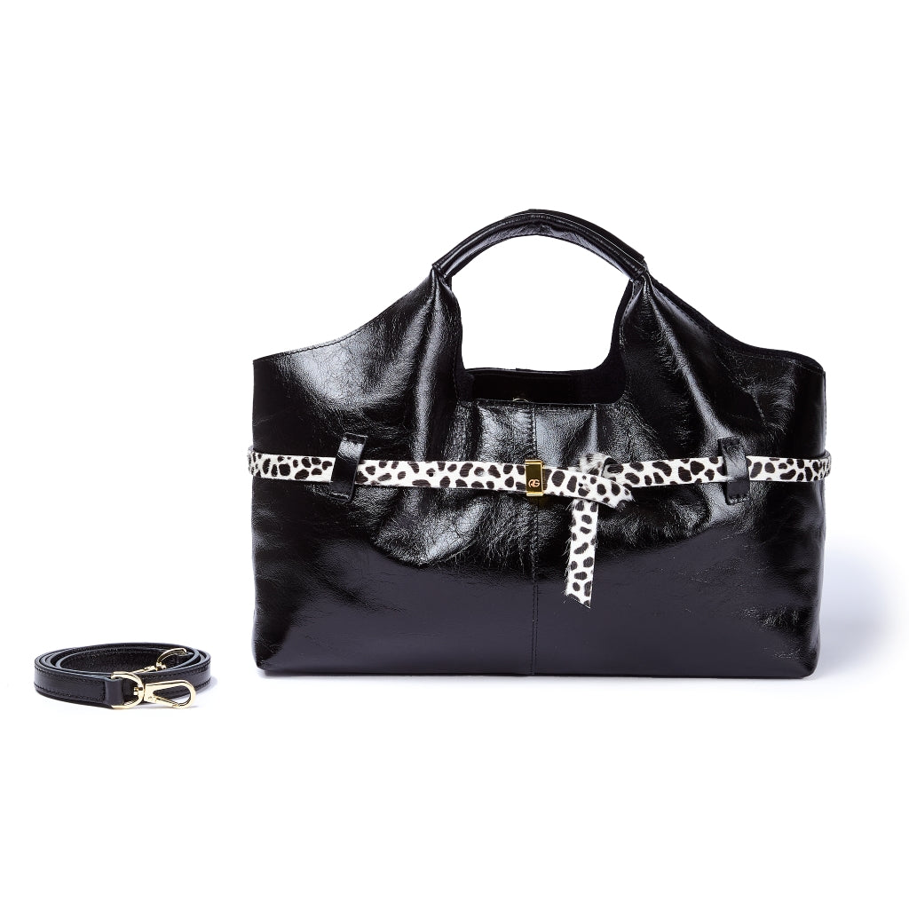 Grace Glossy Handbag – Distressed Calf Leather Bag with Animal-Print Belt