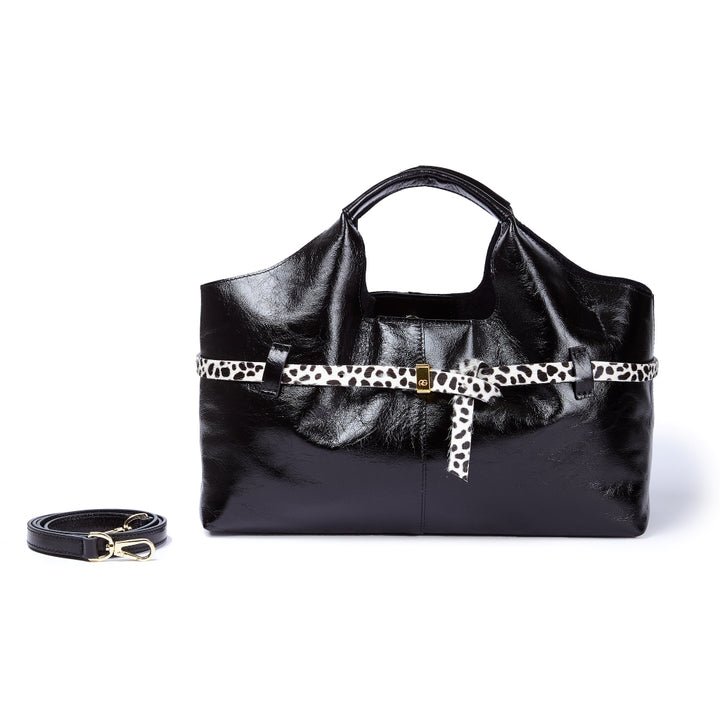Grace Glossy Handbag – Distressed Calf Leather Bag with Animal-Print Belt
