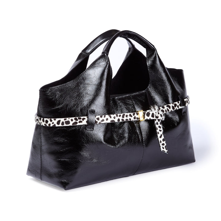 Grace Glossy Handbag – Distressed Calf Leather Bag with Animal-Print Belt