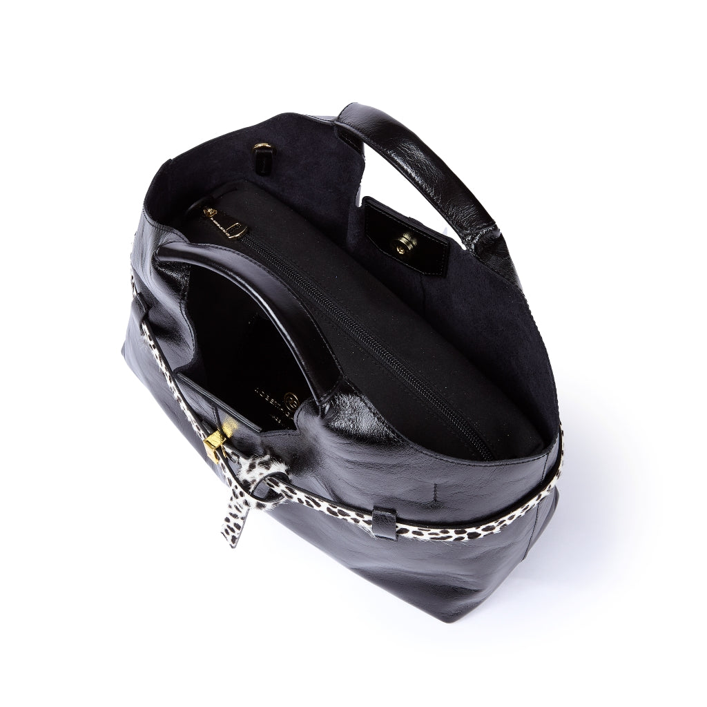 Grace Glossy Handbag – Distressed Calf Leather Bag with Animal-Print Belt