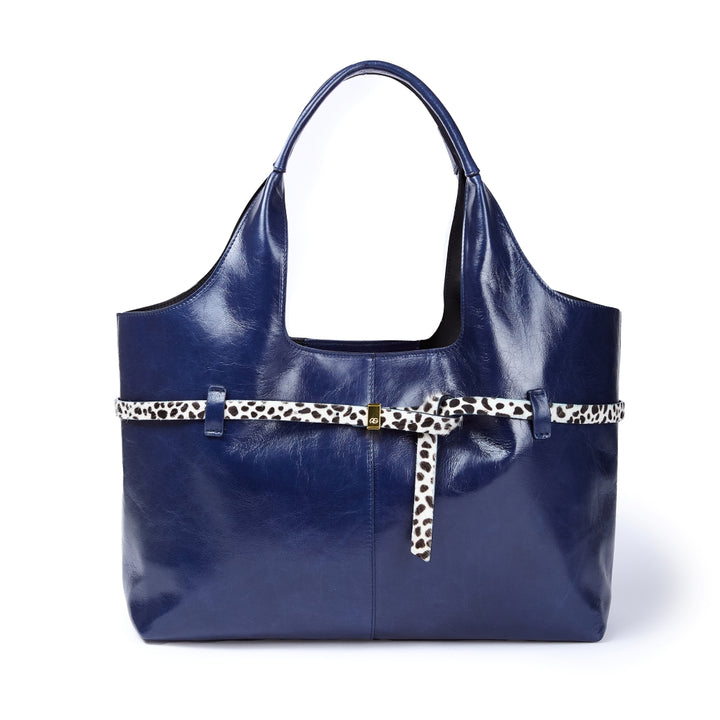 Grace Glossy Large Tote – Distressed Calf Leather Bag with Animal-Print Belt