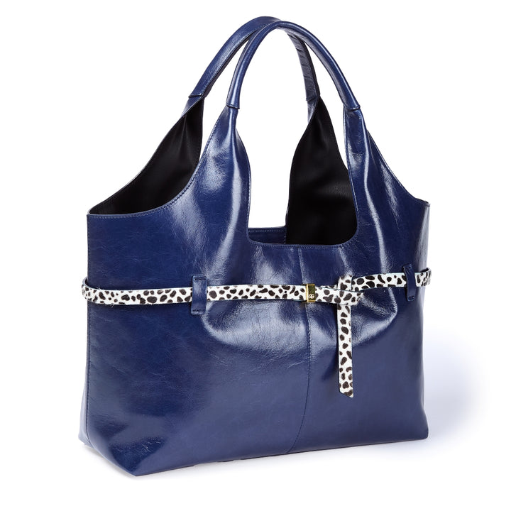 Grace Glossy Large Tote – Distressed Calf Leather Bag with Animal-Print Belt