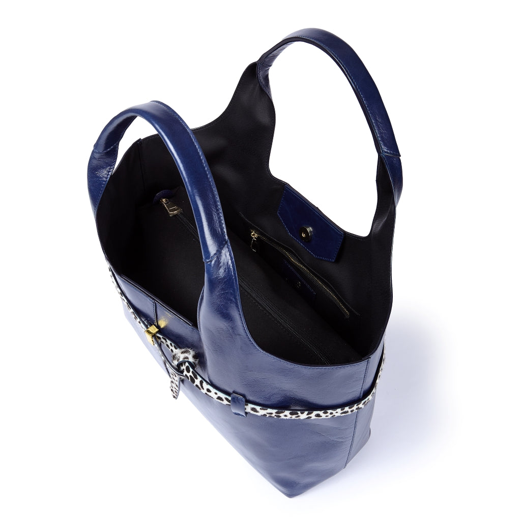 Grace Glossy Large Tote – Distressed Calf Leather Bag with Animal-Print Belt