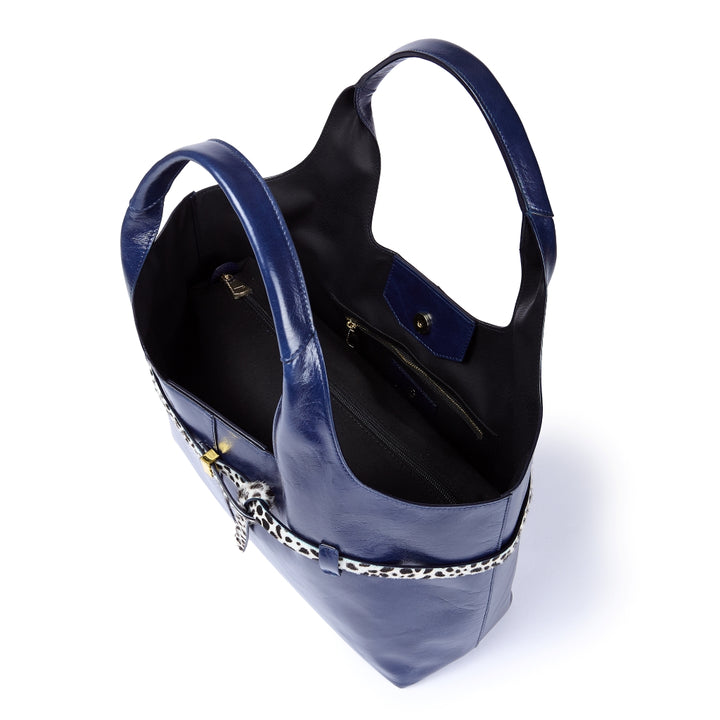 Grace Glossy Large Tote – Distressed Calf Leather Bag with Animal-Print Belt