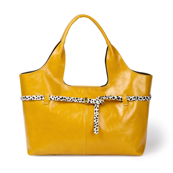 Grace Glossy Large Tote – Distressed Calf Leather Bag with Animal-Print Belt