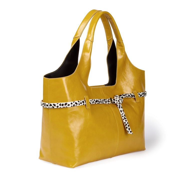 Grace Glossy Large Tote – Distressed Calf Leather Bag with Animal-Print Belt
