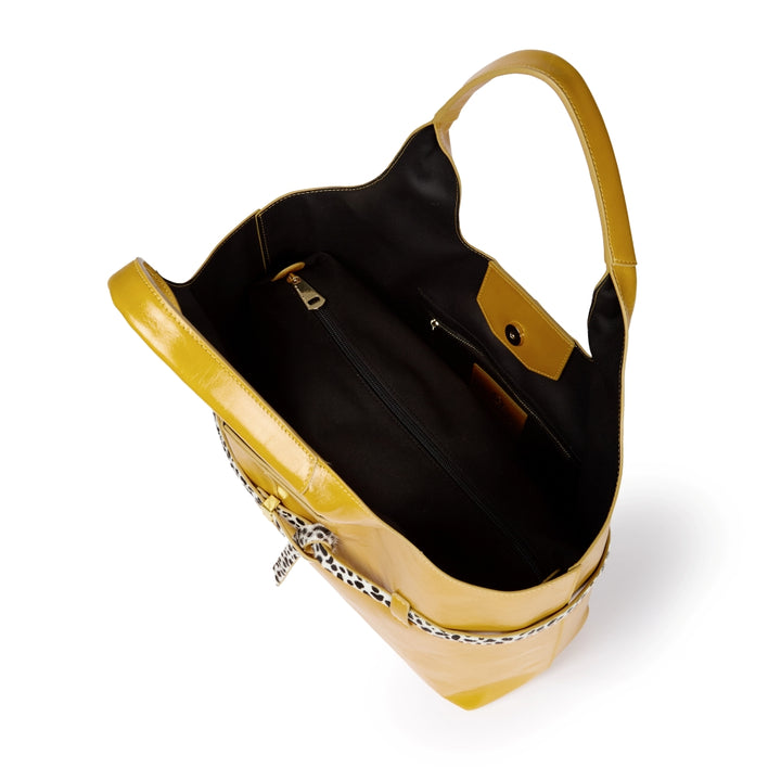 Grace Glossy Large Tote – Distressed Calf Leather Bag with Animal-Print Belt