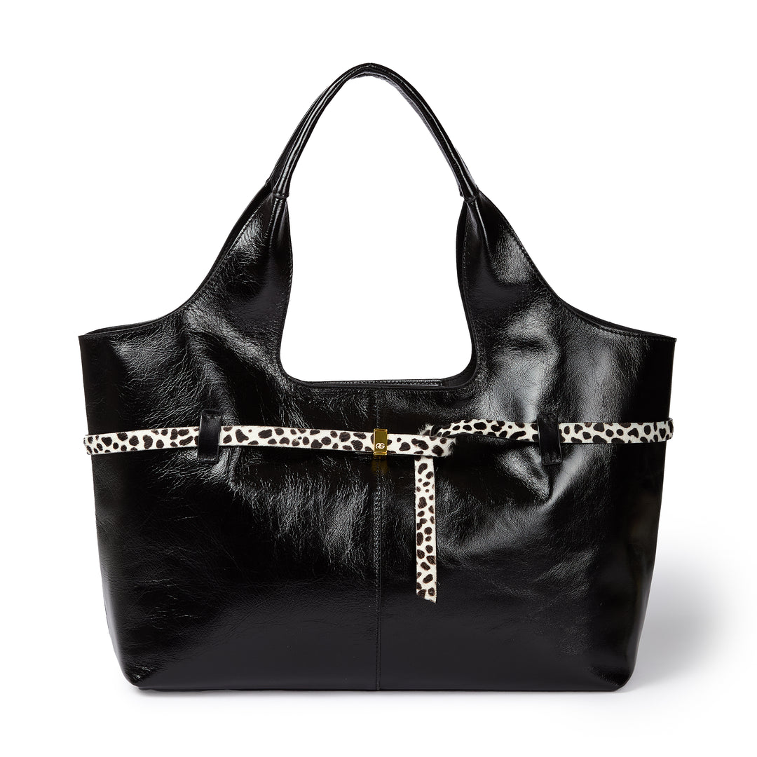 Grace Glossy Large Tote – Distressed Calf Leather Bag with Animal-Print Belt