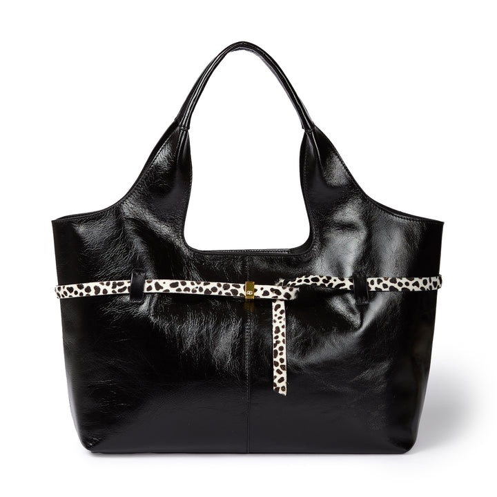 Grace Glossy Large Tote – Distressed Calf Leather Bag with Animal-Print Belt