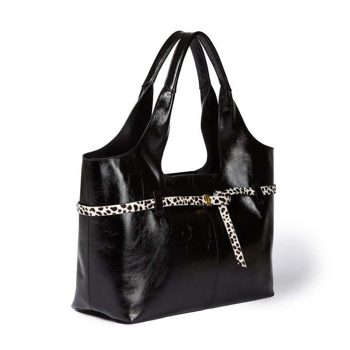 Grace Glossy Large Tote – Distressed Calf Leather Bag with Animal-Print Belt