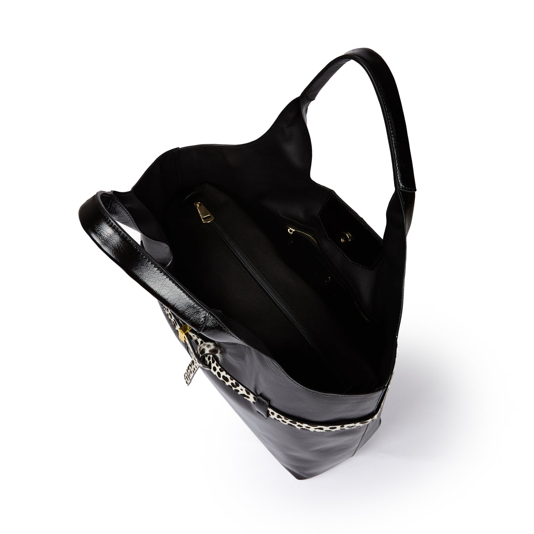 Grace Glossy Large Tote – Distressed Calf Leather Bag with Animal-Print Belt