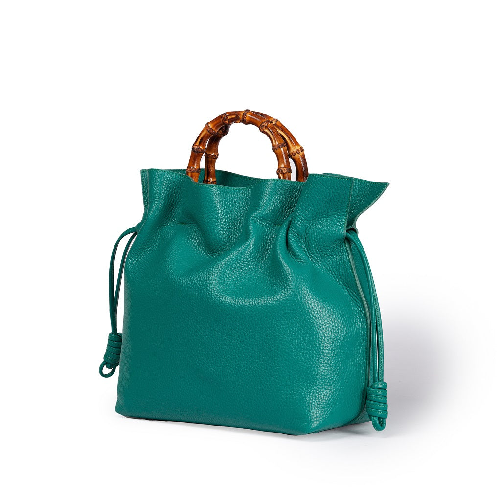 Silvana medium handbag in textured leather with real bamboo wood handle and detachable shoulder strap