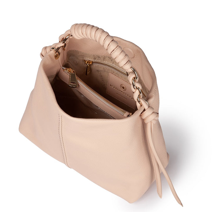 Amina small leather handbag with wrapped tubular handle and detachable shoulder strap