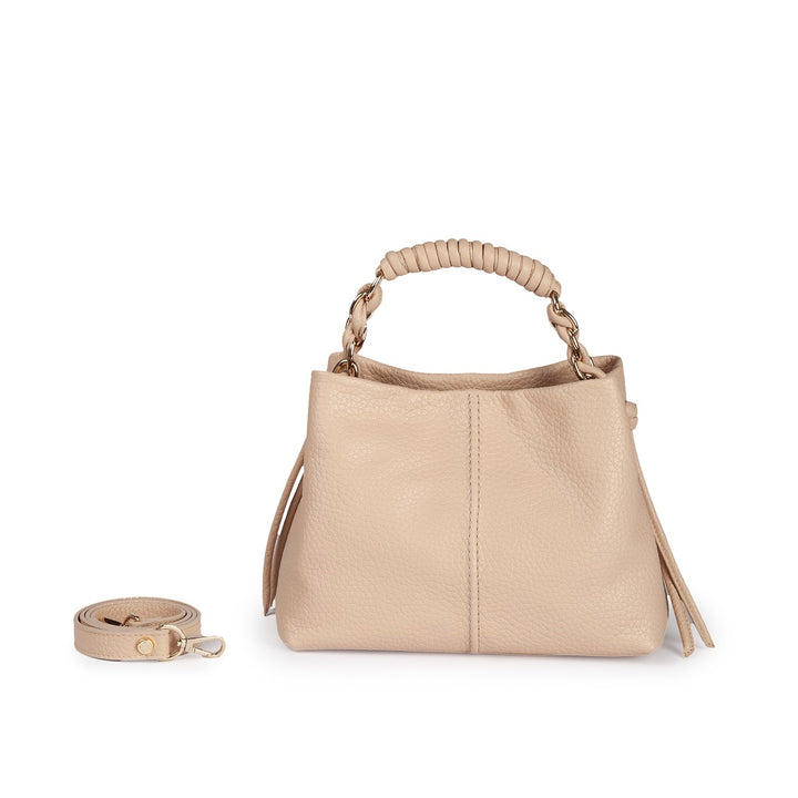 Amina small leather handbag with wrapped tubular handle and detachable shoulder strap